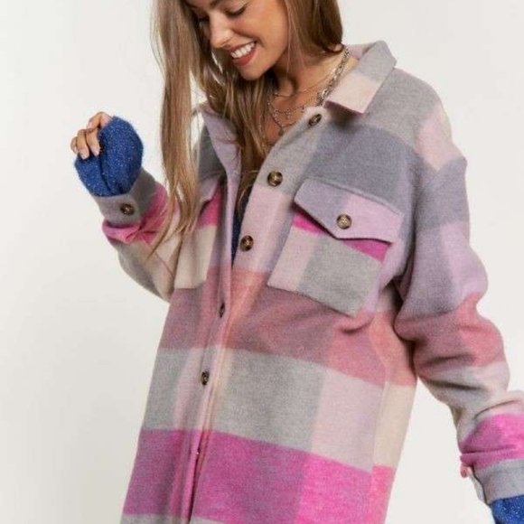 new DAVI N DANI PINK PLAID SHACKET JACKET SHIRT western boho shabby Chic SM-3X - Picture 4 of 8